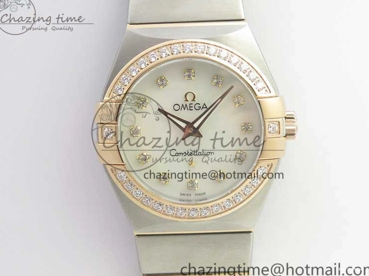 0212 NewStyle Constellation Ladies 27mm ZF 1:1 Best Edition SS RG White MOP Dial Diamonds Bezel & Markers on SS RG Bracelet ETA Quartz 7943